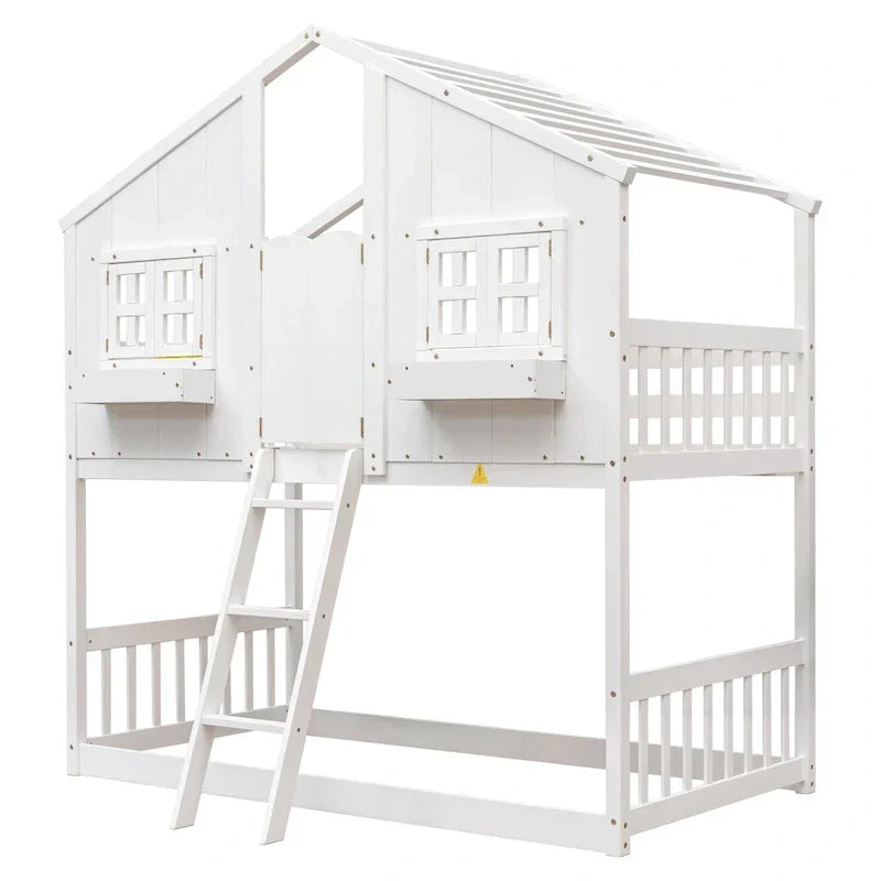 Lit superposé cabane jumeau sur jumeau avec toit, fenêtre, jardinière, porte, barrières de sécurité et échelle, gris