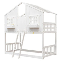 Lit superposé cabane jumeau sur jumeau avec toit, fenêtre, jardinière, porte, barrières de sécurité et échelle, gris