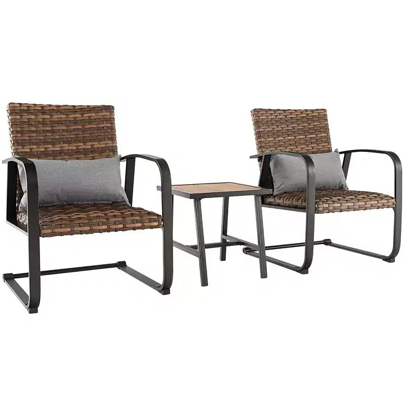 Costway Ensemble de Meubles de Bistro 3 Pièces en Rotin pour Patio, Chaises C-Spring avec Siège Rembourré et Oreiller de Dossier, Séchage Rapide