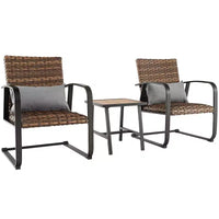 Costway Ensemble de Meubles de Bistro 3 Pièces en Rotin pour Patio, Chaises C-Spring avec Siège Rembourré et Oreiller de Dossier, Séchage Rapide