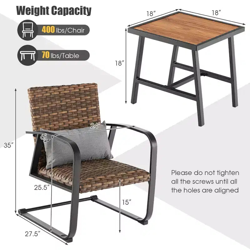 Costway Ensemble de Meubles de Bistro 3 Pièces en Rotin pour Patio, Chaises C-Spring avec Siège Rembourré et Oreiller de Dossier, Séchage Rapide