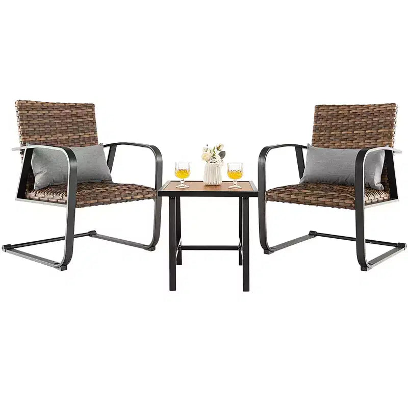 Costway Ensemble de Meubles de Bistro 3 Pièces en Rotin pour Patio, Chaises C-Spring avec Siège Rembourré et Oreiller de Dossier, Séchage Rapide