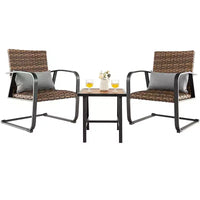 Costway Ensemble de Meubles de Bistro 3 Pièces en Rotin pour Patio, Chaises C-Spring avec Siège Rembourré et Oreiller de Dossier, Séchage Rapide