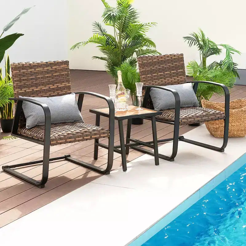 Costway Ensemble de Meubles de Bistro 3 Pièces en Rotin pour Patio, Chaises C-Spring avec Siège Rembourré et Oreiller de Dossier, Séchage Rapide