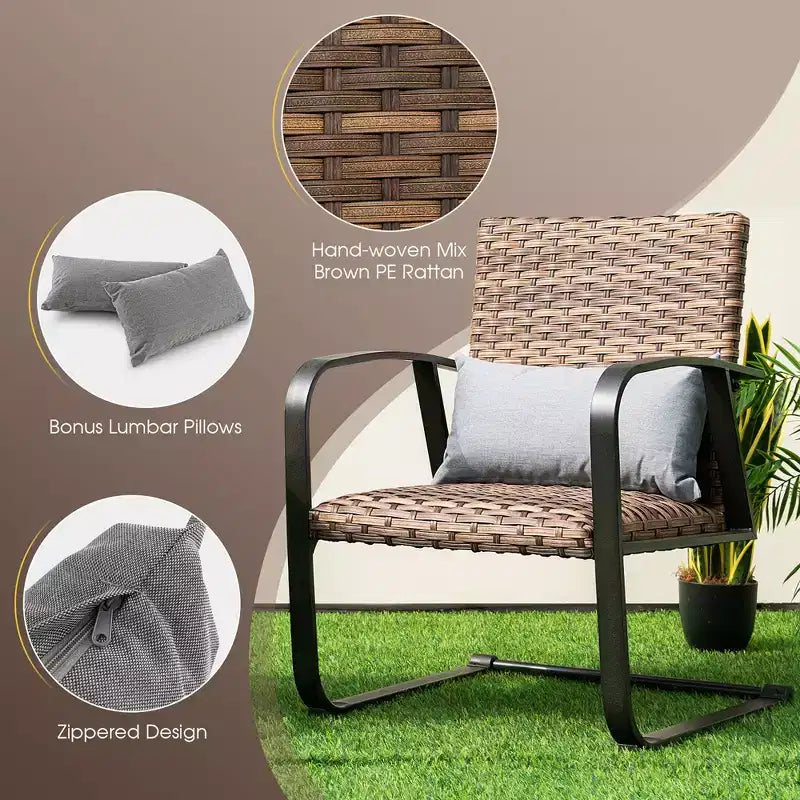 Costway Ensemble de Meubles de Bistro 3 Pièces en Rotin pour Patio, Chaises C-Spring avec Siège Rembourré et Oreiller de Dossier, Séchage Rapide