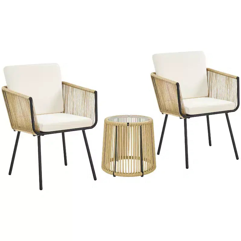Ensemble de bistro Yaheetech 3 pièces d'extérieur en osier et métal avec 2 chaises et une table d'appoint en verre trempé, couleur sable