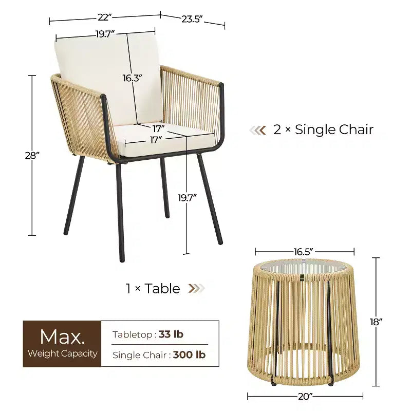 Ensemble de bistro Yaheetech 3 pièces d'extérieur en osier et métal avec 2 chaises et une table d'appoint en verre trempé, couleur sable