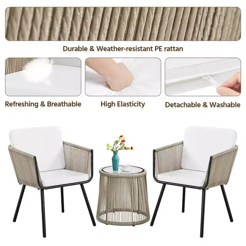 Ensemble de bistro Yaheetech 3 pièces d'extérieur en osier et métal avec 2 chaises et une table d'appoint en verre trempé, couleur sable
