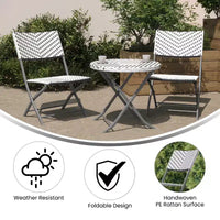 Ensemble bistrot pliant trois pièces Flash Furniture Rouen en rotin PE avec structures métalliques pour usage intérieur et extérieur