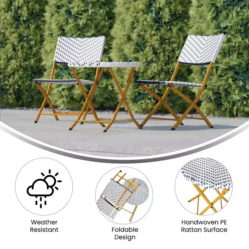 Ensemble bistrot pliant trois pièces Flash Furniture Rouen en rotin PE avec structures métalliques pour usage intérieur et extérieur