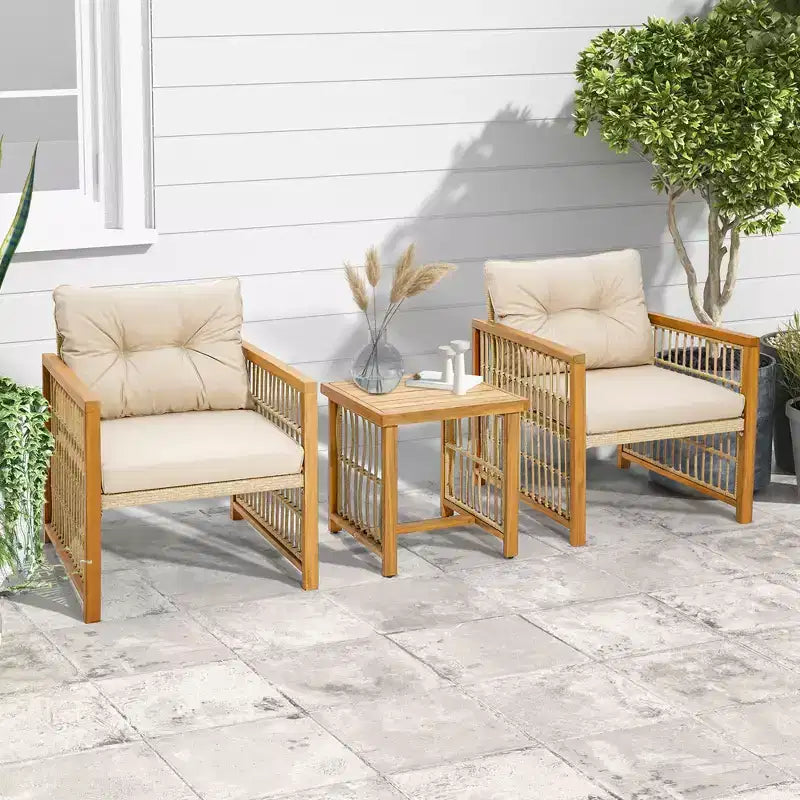 Costway Ensemble de conversation de patio 3 pièces en résine tressée PE - Cadre en bois d'acacia avec coussins d'assise et de dossier