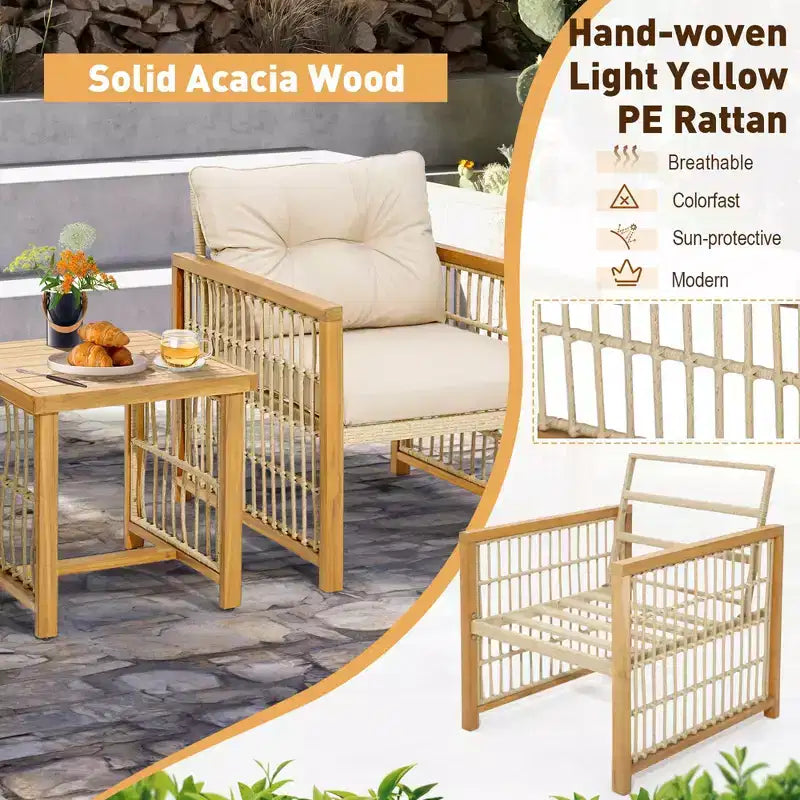 Costway Ensemble de conversation de patio 3 pièces en résine tressée PE - Cadre en bois d'acacia avec coussins d'assise et de dossier