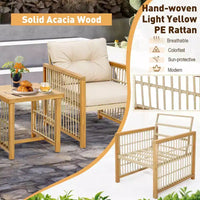 Costway Ensemble de conversation de patio 3 pièces en résine tressée PE - Cadre en bois d'acacia avec coussins d'assise et de dossier