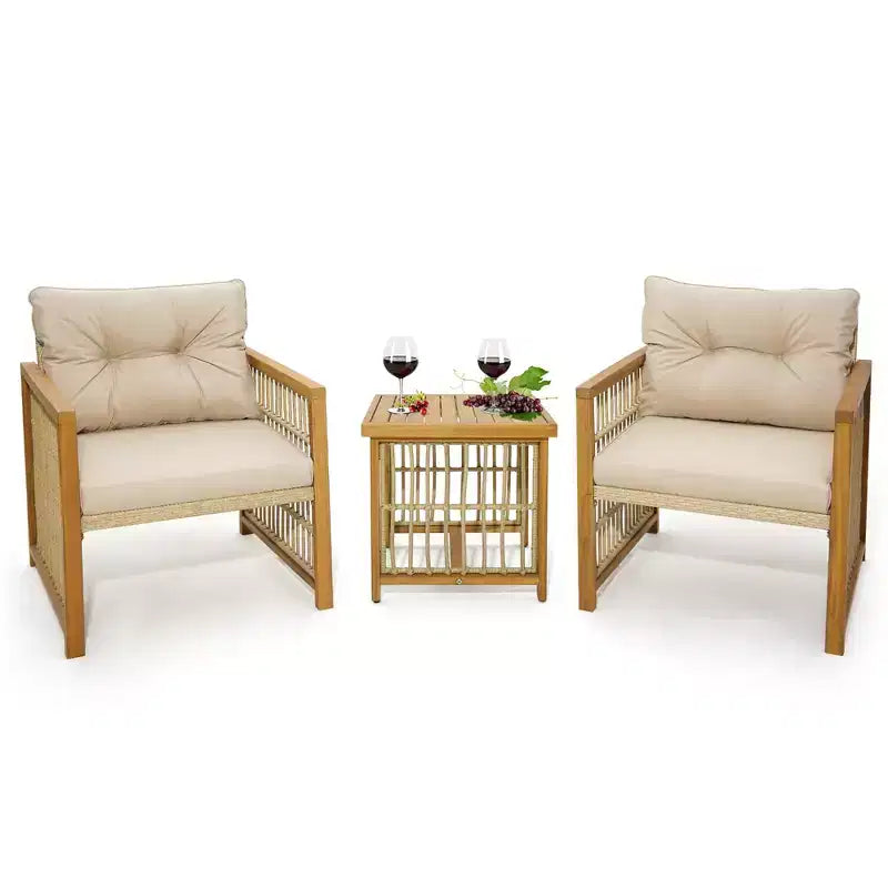 Costway Ensemble de conversation de patio 3 pièces en résine tressée PE - Cadre en bois d'acacia avec coussins d'assise et de dossier