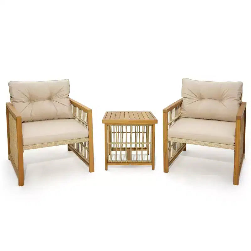 Costway Ensemble de conversation de patio 3 pièces en résine tressée PE - Cadre en bois d'acacia avec coussins d'assise et de dossier