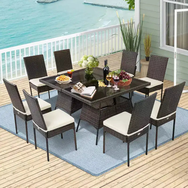 Costway Ensemble de 10 Pièces de Salle à Manger en Rotin pour Patio, Table en Verre, Chaises à Dossier Haut, Jardin, Terrasse, Marron Mixte