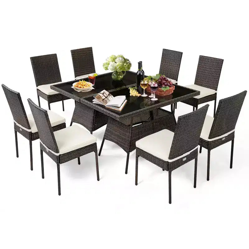 Costway Ensemble de 10 Pièces de Salle à Manger en Rotin pour Patio, Table en Verre, Chaises à Dossier Haut, Jardin, Terrasse, Marron Mixte