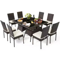 Costway Ensemble de 10 Pièces de Salle à Manger en Rotin pour Patio, Table en Verre, Chaises à Dossier Haut, Jardin, Terrasse, Marron Mixte