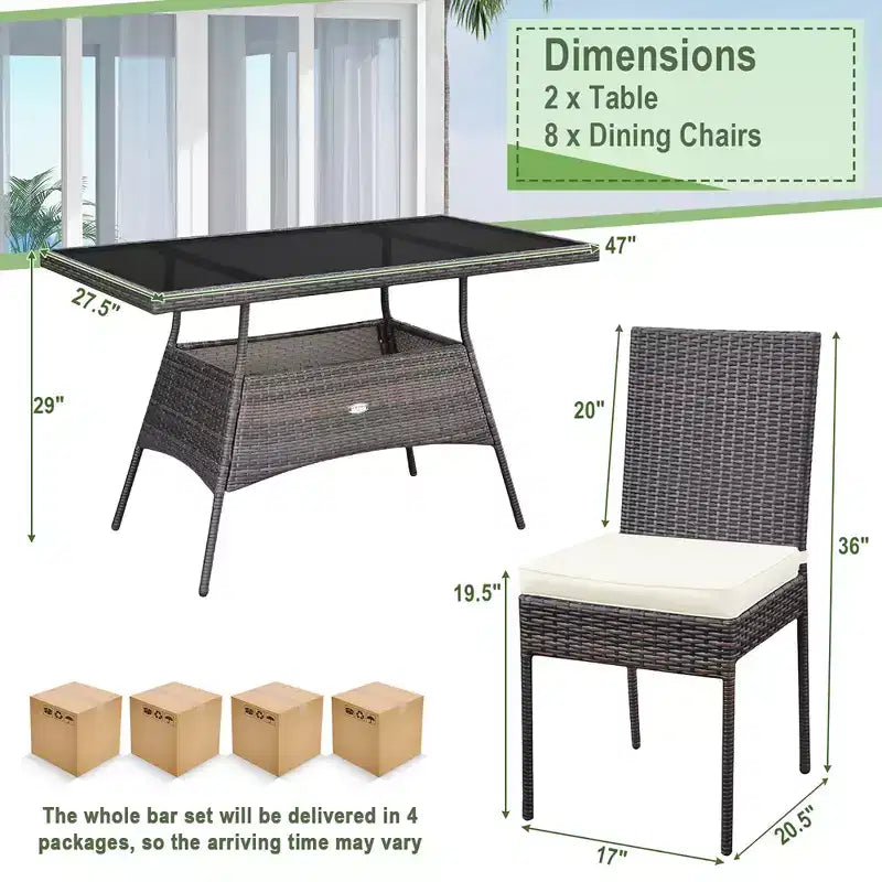 Costway Ensemble de 10 Pièces de Salle à Manger en Rotin pour Patio, Table en Verre, Chaises à Dossier Haut, Jardin, Terrasse, Marron Mixte