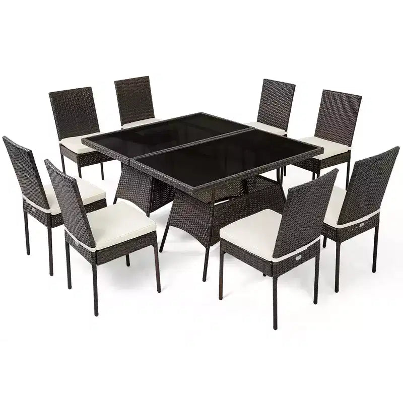 Costway Ensemble de 10 Pièces de Salle à Manger en Rotin pour Patio, Table en Verre, Chaises à Dossier Haut, Jardin, Terrasse, Marron Mixte