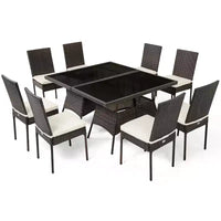 Costway Ensemble de 10 Pièces de Salle à Manger en Rotin pour Patio, Table en Verre, Chaises à Dossier Haut, Jardin, Terrasse, Marron Mixte