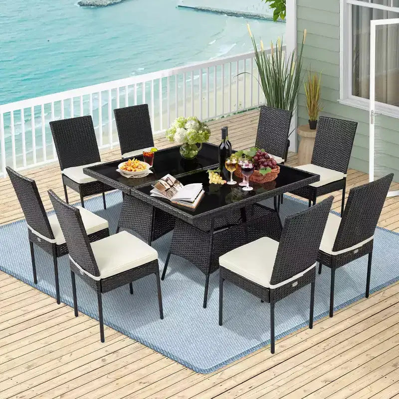 Costway Ensemble de salle à manger 10 pièces en rotin pour patio, table et chaises coussinées avec plateau en verre, mobilier de jardin