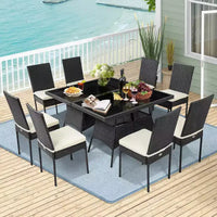 Costway Ensemble de salle à manger 10 pièces en rotin pour patio, table et chaises coussinées avec plateau en verre, mobilier de jardin