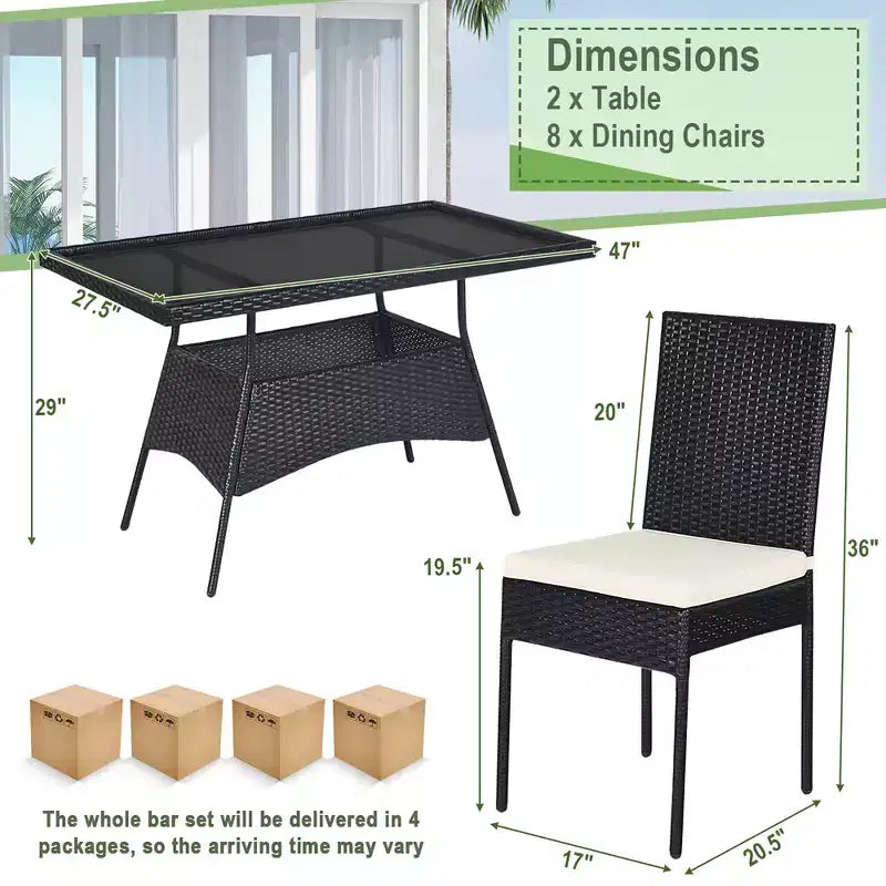 Costway Ensemble de salle à manger 10 pièces en rotin pour patio, table et chaises coussinées avec plateau en verre, mobilier de jardin