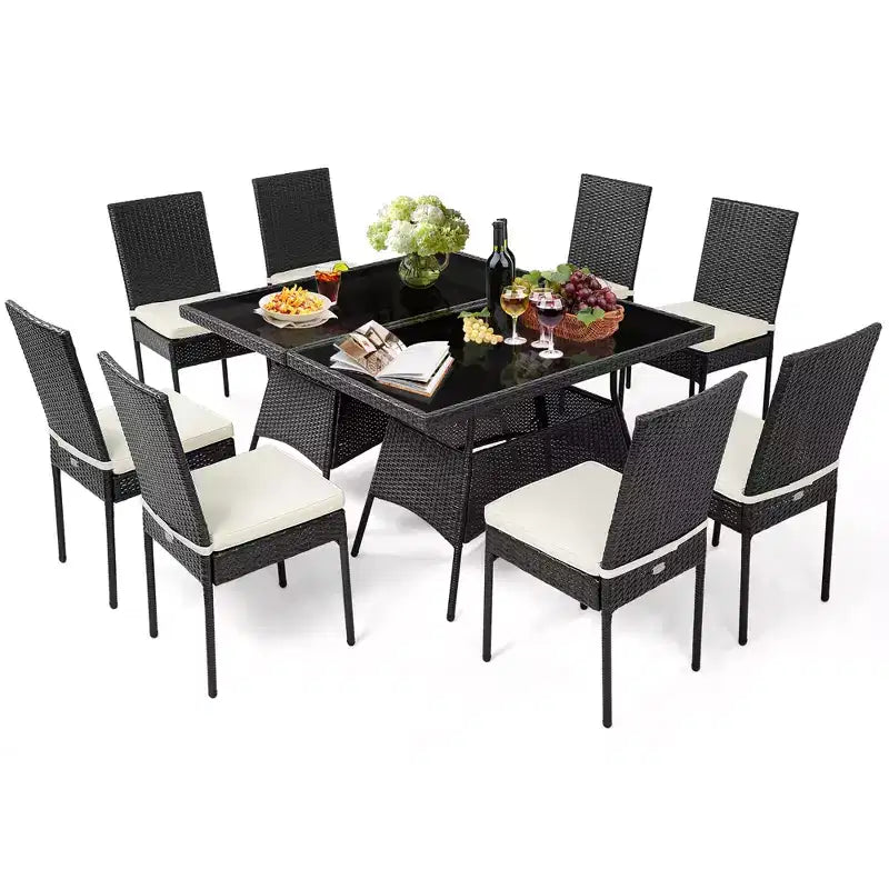 Costway Ensemble de salle à manger 10 pièces en rotin pour patio, table et chaises coussinées avec plateau en verre, mobilier de jardin