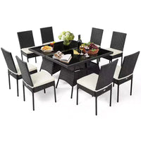 Costway Ensemble de salle à manger 10 pièces en rotin pour patio, table et chaises coussinées avec plateau en verre, mobilier de jardin