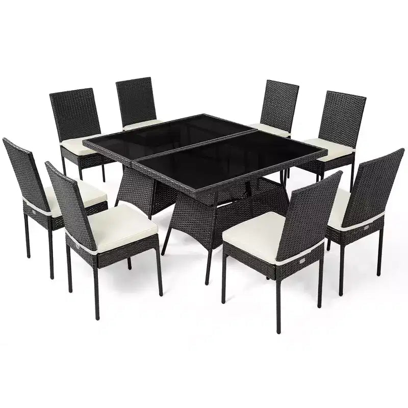 Costway Ensemble de salle à manger 10 pièces en rotin pour patio, table et chaises coussinées avec plateau en verre, mobilier de jardin