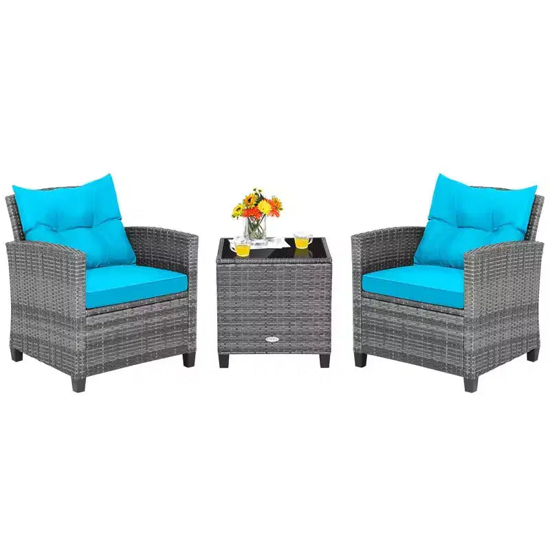 Costway Ensemble de Meubles de Bistro 3 Pièces en Rotin pour Patio, Canapés Coussins, Table d'Appoint, Accoudoir Rouge/Gris/Bleu Marine/Turquoise/Noir