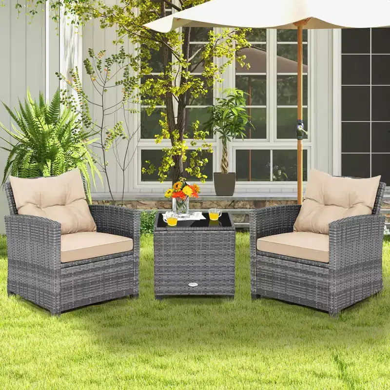 Costway 3PCS Patio Rattan Furniture Bistro Set Cushioned Sofas Side Table Armrest Red/Grey/Navy/Turquoise/Black