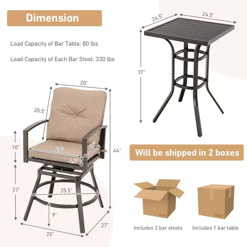 Costway Ensemble Bistro de Bar Extérieur 3 Pièces Pivotant avec Coussins Table Tabourets Meubles