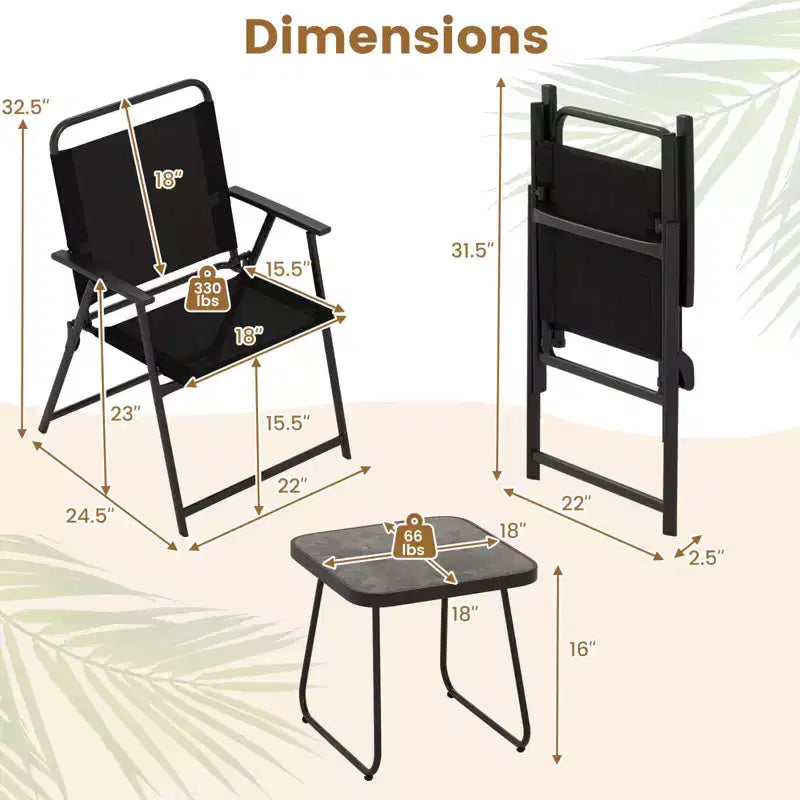 Costway Ensemble 3 pièces chaises et table de conversation pliantes, métal d'extérieur très résistant, portable