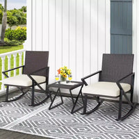 Costway Ensemble de 3 chaises à bascule en rotin et osier avec table de bistro et coussins pour jardin