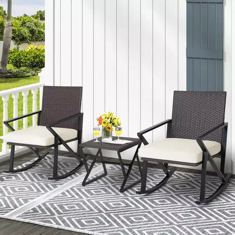 Costway Ensemble de 3 chaises à bascule en rotin et osier avec table de bistro et coussins pour jardin