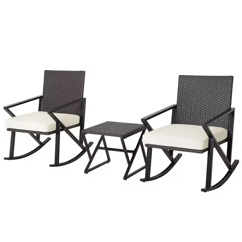 Costway Ensemble de 3 chaises à bascule en rotin et osier avec table de bistro et coussins pour jardin