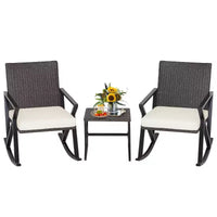 Costway Ensemble de 3 chaises à bascule en rotin et osier avec table de bistro et coussins pour jardin