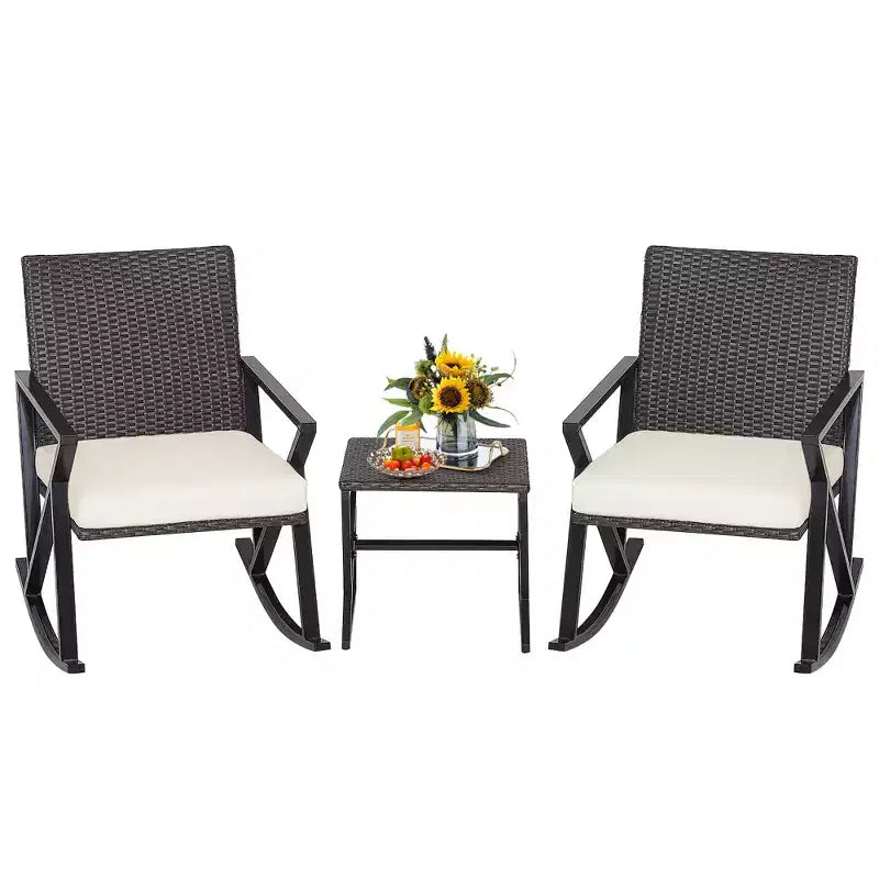 Costway Ensemble de 3 chaises à bascule en rotin et osier avec table de bistro et coussins pour jardin