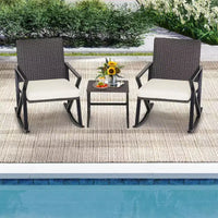 Costway Ensemble de 3 chaises à bascule en rotin et osier avec table de bistro et coussins pour jardin