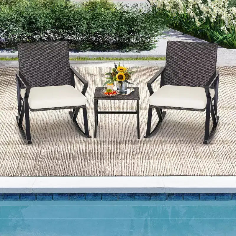 Costway Ensemble de 3 chaises à bascule en rotin et osier avec table de bistro et coussins pour jardin
