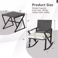Costway Ensemble de 3 chaises à bascule en rotin et osier avec table de bistro et coussins pour jardin