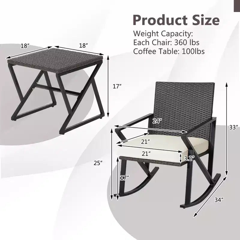 Costway Ensemble de 3 chaises à bascule en rotin et osier avec table de bistro et coussins pour jardin