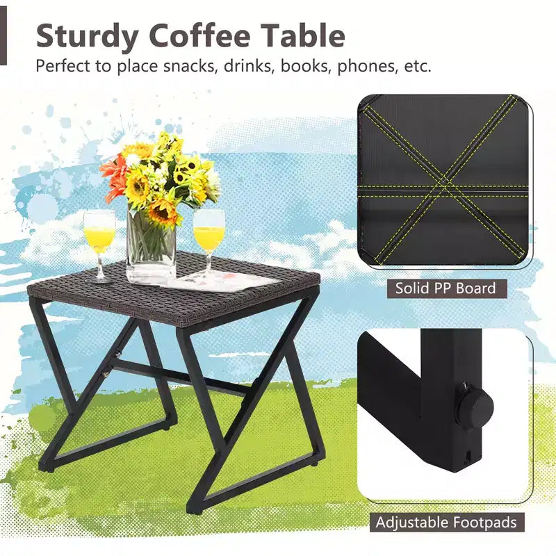 Costway Ensemble de 3 chaises à bascule en rotin et osier avec table de bistro et coussins pour jardin