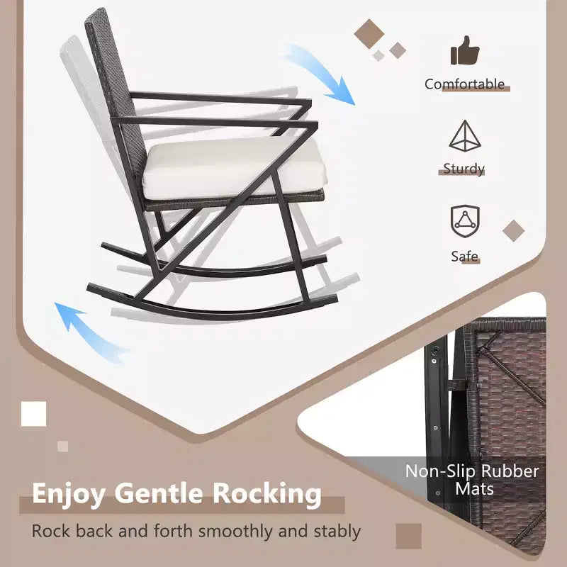 Costway Ensemble de 3 chaises à bascule en rotin et osier avec table de bistro et coussins pour jardin