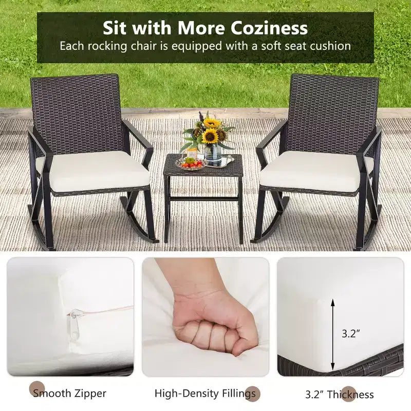 Costway Ensemble de 3 chaises à bascule en rotin et osier avec table de bistro et coussins pour jardin