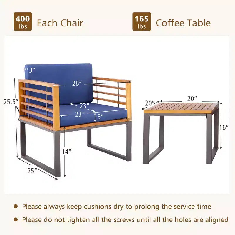 Costway Ensemble bistrot 3 pièces en bois d'acacia pour terrasse avec chaises et table rembourrées pour l'extérieur
