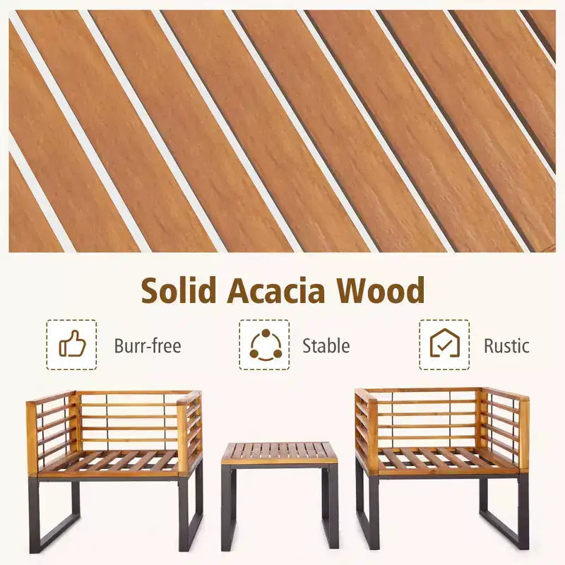 Costway Ensemble bistrot 3 pièces en bois d'acacia pour terrasse avec chaises et table rembourrées pour l'extérieur