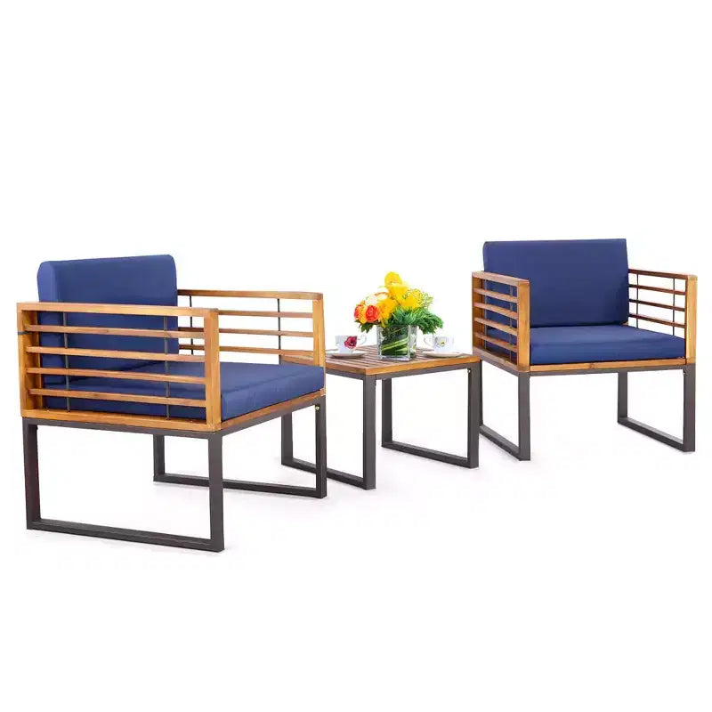 Costway Ensemble bistrot 3 pièces en bois d'acacia pour terrasse avec chaises et table rembourrées pour l'extérieur